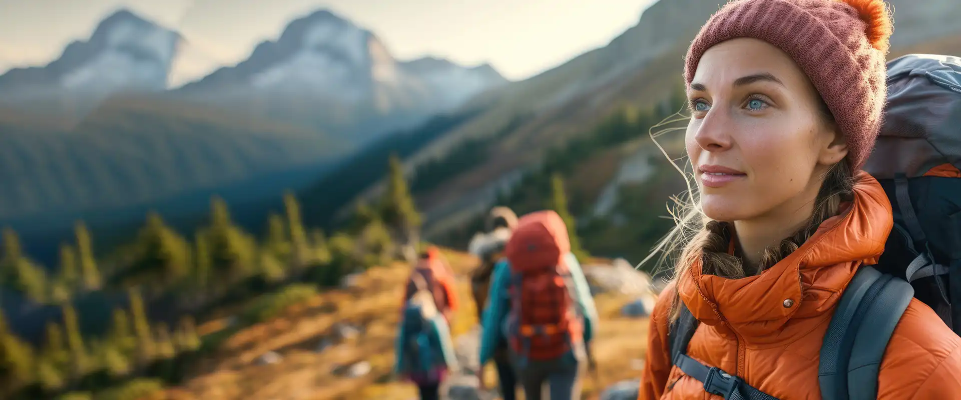 Junge Frau mit Hikinggruppe in orangefarbener Outdoorkleidung vor Bergpanorama