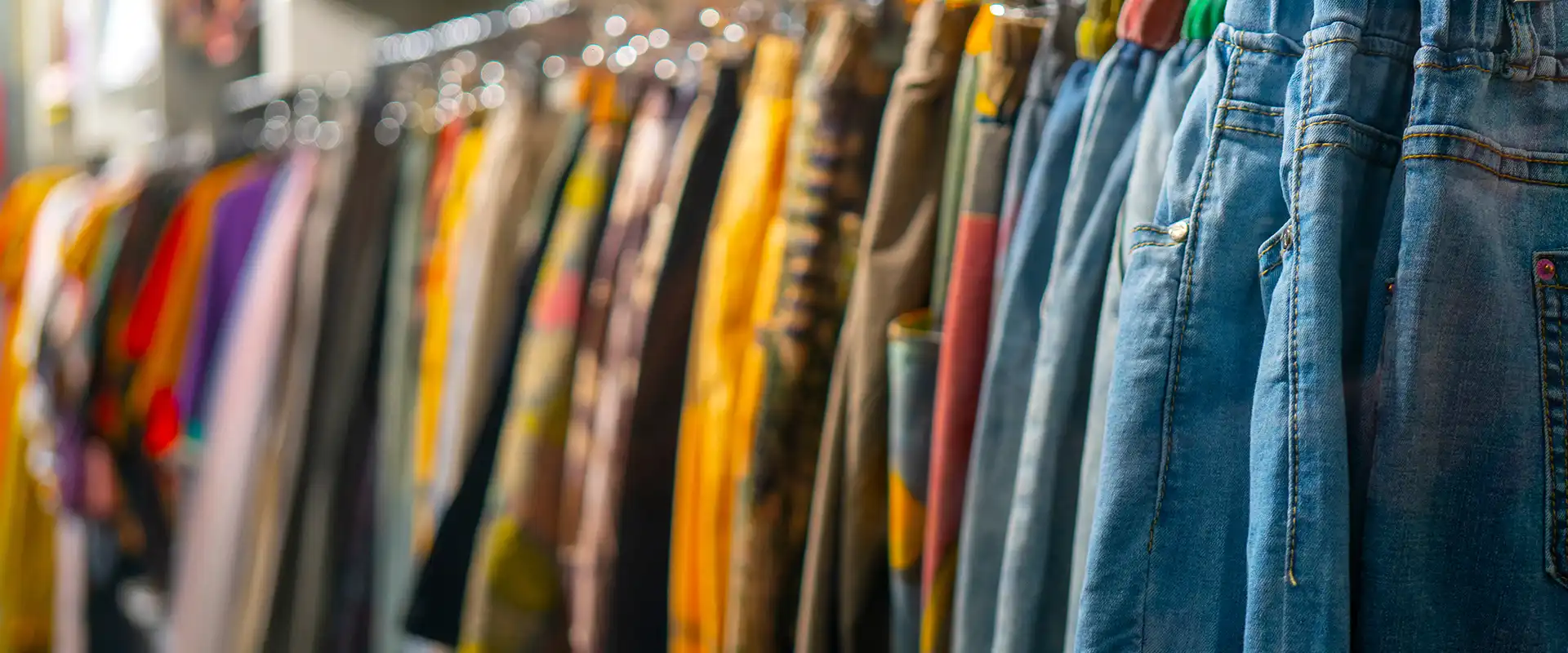 Vintage und Designer-Kleidungsstücke hängen auf einer Kleiderstange im Laden