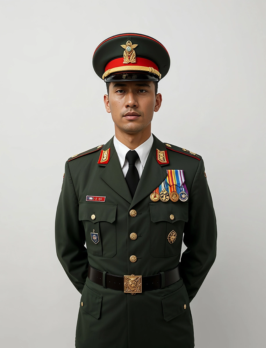 Ein Soldat in Uniform mit Medaillen auf schlichtem weißem Hintergrund