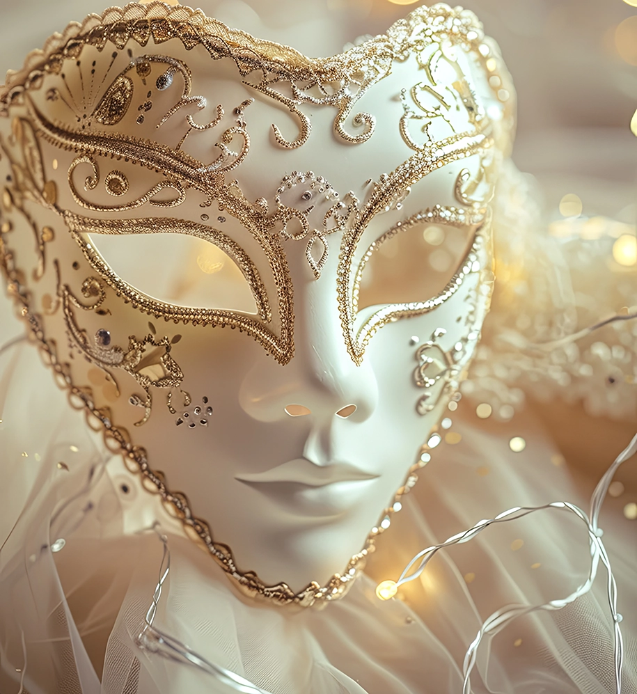 Weiß-goldene Maskerademaske mit aufwendigen Details auf einem transparenten weißen Stoff